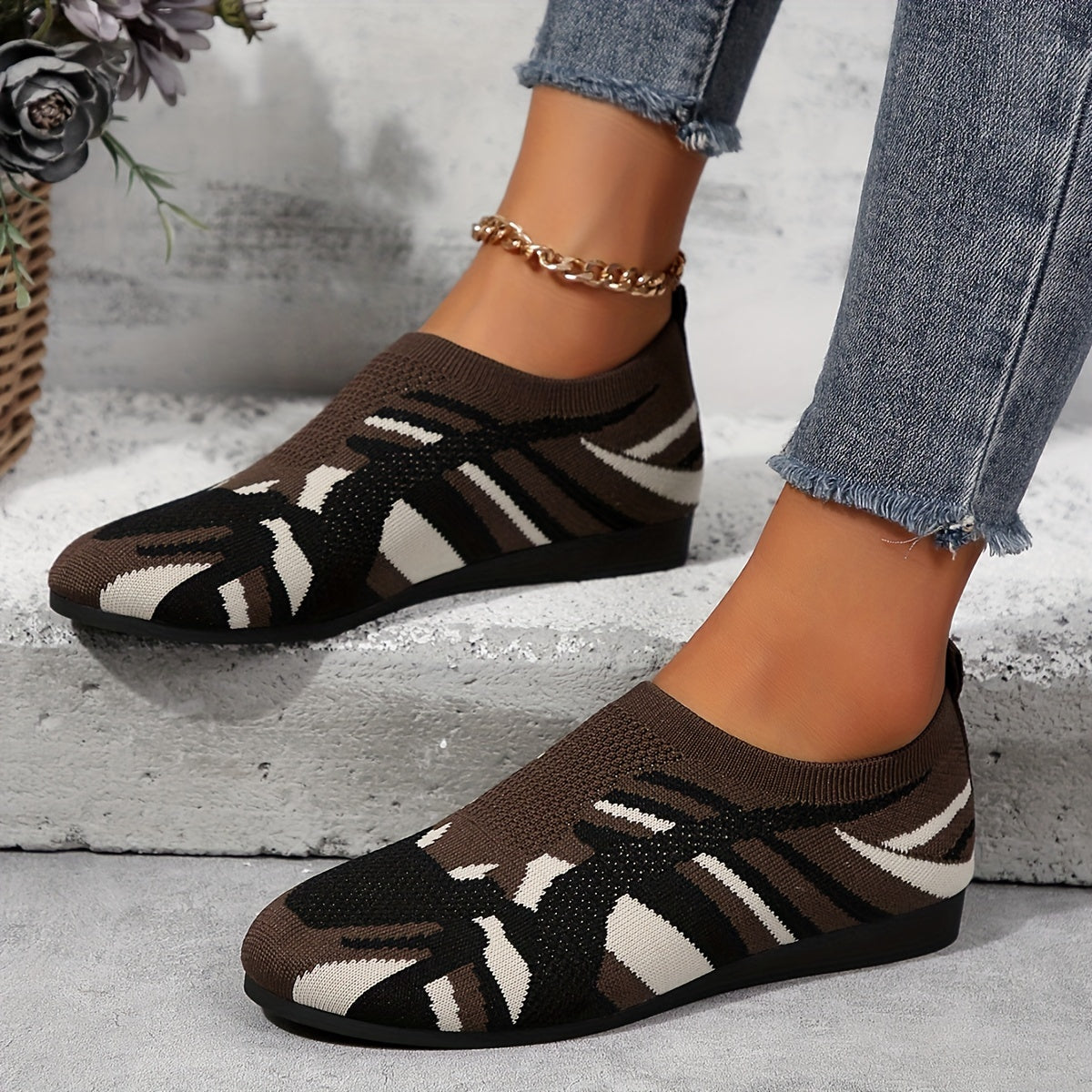Women's Camouflage Pattern Flat Shoes, Breathable Knit Slip On Outdoor Shoes, Lightweight Low Top Shoes